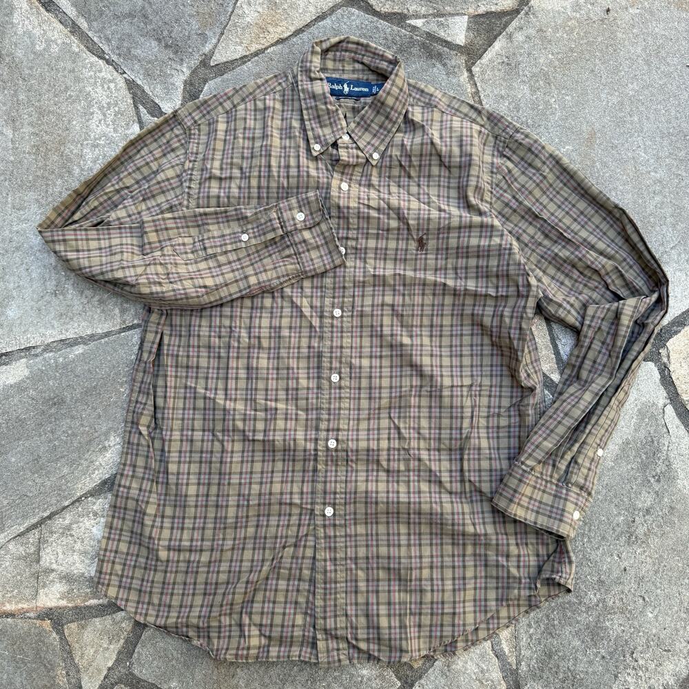 Ralph Lauren Shirt Men Large Olive Khaki Plaid Button Up Long Sleeve 100% Cotton